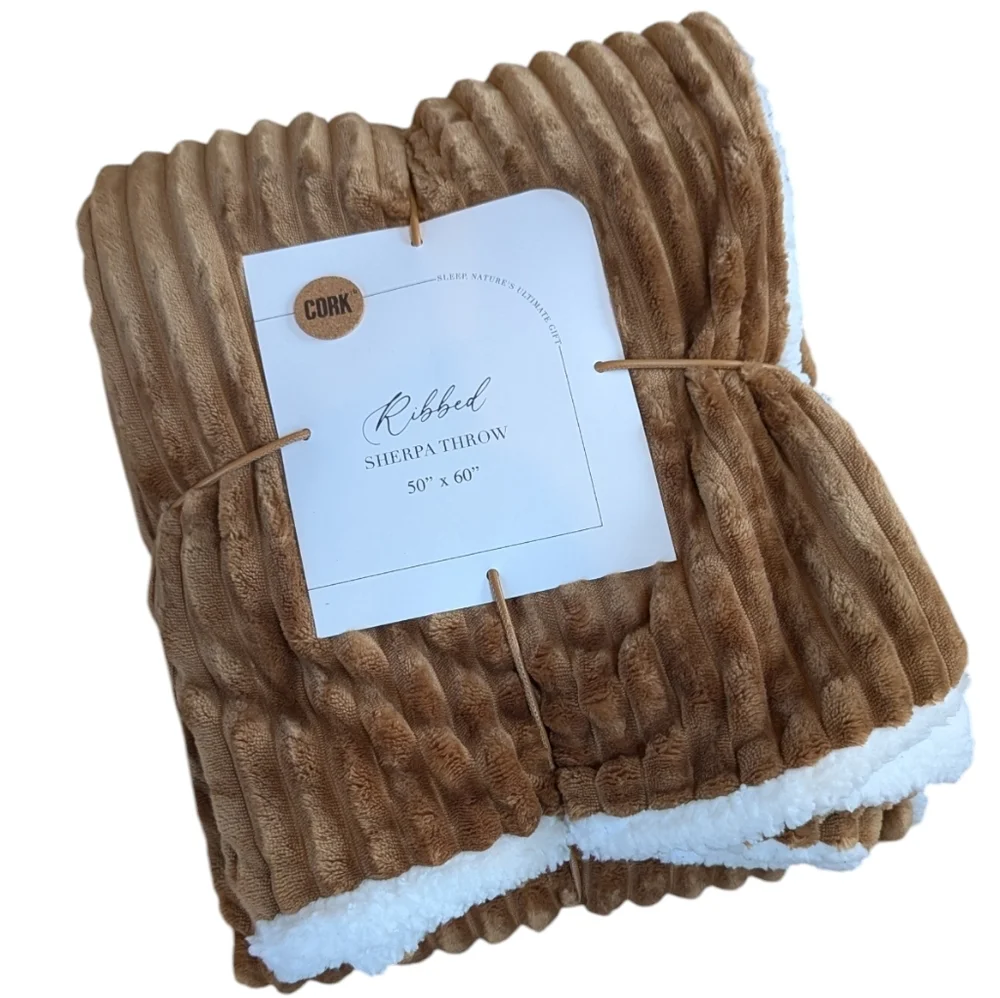 CORK, Whiskey Color Brown Ribbed Sherpa Throw. 50